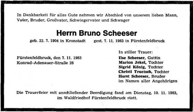 Scheeser Bruno 1904-1983 Todesanzeige